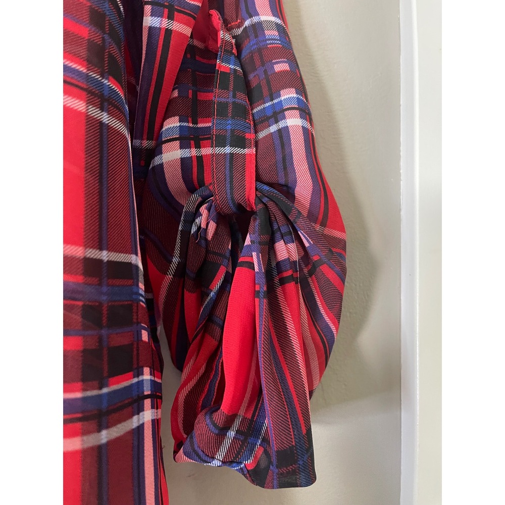 No Boundaries Womens Red Plaid Sheer Roll Tab Sleeve High Low Blouse Size M 7-9 - Picture 5 of 7